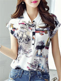 Amfeov-Women Spring Summer Style Chiffon Blouses Shirt Lady Casual Short Sleeve Turn-down Collar Printed Casual Loose Tops