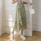 Amfeov New Summer Skirts Female Elegant French Style Ruffled Fishtail A-line High Waist Adjustable One-piece Floral Skirt