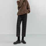 Amfeov New Winter Vintage Plaid Woolen Pants Fashion High Waist Pockets Thicken Warm Ankle Length Casual Trousers Female