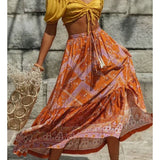 Amfeov Women Maxi Skirt Cotton Orange Floral Print Split Sexy Summer Skirts Vintage Beach Casual Clothes Boho Long Women Skirts