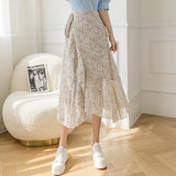 Amfeov New Summer Skirts Female Elegant French Style Ruffled Fishtail A-line High Waist Adjustable One-piece Floral Skirt