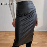 Amfeov New Women Black PU Leather Pencil Wrap Skirts Autumn Winter High Waist Zipper Front Split Sheath Long Skirts Female