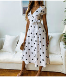 Amfeov Summer Women Long Dress Short Sleeve Dresses Casual Polka Dot Print Party Sexy V-neck Fashion Woman Clothes dresses for women