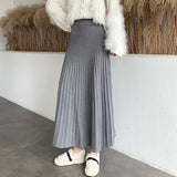 Amfeov New Thicken Women's Knitted A-line Skirt Elegant Autumn Winter Solid Color High Waist Warm Long Skirts Female