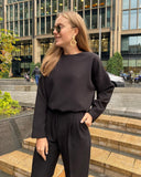Amfeov Elegant Knitted Two Piece Set Women Spring Cotton Outfit Office Lady Suit Pants and Tops Female Black White Pullover Sets