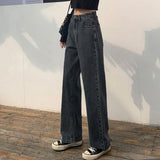 Women Jeans Solid Black Retro Vintage Zipper Spring Straight Trousers All-match Students Ulzzang Baggy Fashion High Waist Causal