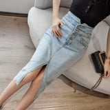 Amfeov New Spring Summer Vintage Women's Denim Wrap Skirt High Wasit Buttons Jeans Skirts Female Pencil Front Split Skirts