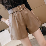 Amfeov New Winter PU Leather Women's Shorts With Belt Stylish OL High Waist Pockets Casual Wide Legged Trousers Female