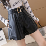 Amfeov New Winter PU Leather Women's Shorts With Belt Stylish OL High Waist Pockets Casual Wide Legged Trousers Female