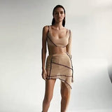 Amfeov Sexy see through mesh female mini skirt and top two piece set summer fashion beach vacation two piece skirt set women
