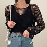 Amfeov Vintage Loose Smock Tops Summer Fashion All-Match Casual Geometic Hollow Out Outfits Y2K See-Though Knit Shirts