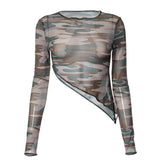 Fall outfits back to school   Camo Printed Mesh T Shirt Y2k Streetwear Sexy See Through Irregular Long Sleeve Crop Tops for Women 2023 Fall C85-AE10
