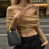 Amfeov  Slash-neck Pleated T Shirt French Gentle Long Sleeves Off Shoulder Crop Tops Vintage 2000s Women Slim Street Tees