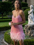 Amfeov Sequins Tassel Feather Mini Dress Women 2022 Summer Spaghetti Strap V-Neck Backless Evening Party Club Elegant Dresses Sexy Prom