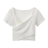 Amfeov back to school White V-Neck T Shirt Women High Waist Slim Y2k Crop Tops Short Sleeve Casual Blouse Office Lady Korean Clothing Summer Chic