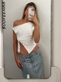 Fall outfits back to school   Asymmetrical Sleeveless T Shirt Button Split One Shoulder Cropped Tank Tops Womens Clothing Summer 2023 C85-CZ14