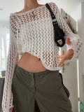 Amfeov Vintage Loose Smock Tops Summer Fashion All-Match Casual Geometic Hollow Out Outfits Y2K See-Though Knit Shirts
