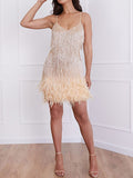 Amfeov Sequins Tassel Feather Mini Dress Women 2022 Summer Spaghetti Strap V-Neck Backless Evening Party Club Elegant Dresses Sexy Prom