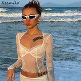 Amfeov  Mesh Sheer Lace Patchwork Crop Tops Y2K V-neck Long Sleeve See-through Women T Shirt Beach Holiday Bodycon Tees