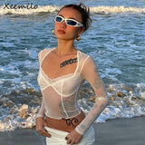 Amfeov  Mesh Sheer Lace Patchwork Crop Tops Y2K V-neck Long Sleeve See-through Women T Shirt Beach Holiday Bodycon Tees