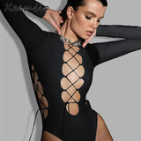 Amfeov  Cross Bandage Hollowed Bodysuit Y2K Long Sleeves Slim Fitting Women T Shirt 2022 Night Club Party Black Bodysuits