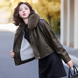 cold weather outfits Amfeov Women's Autumn Winter New Style Leather Jacket Large Collar Fleece Lined And Thickened Petite Jacket PULeather ZH1138