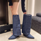 Amfeov Big Size 42 Brand New Vintage Autumn Winter Soft Trouser Leg Boots Women Shoes Pointy Toe Chunky High Heels Knee High Boots