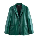 cold weather outfits Amfeov 2024 Autumn New Arrival Women's Leather Green Straight Cut Suit Jacket With Split Side Skirt Medium Length Dress Set