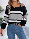 christmas outfit Amfeov Long Sleeves Loose Asymmetric Contrast Color Split-Joint Striped Cold Shoulder Sweater Tops