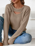 christmas outfit Amfeov Long Sleeves Loose Hollow Solid Color Split-Joint Round-Neck Pullovers Sweater Tops