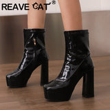 cold weather outfits Amfeov Fashion Women Ankle Boots Patent Leather Toe High Heels 12.5cm Platform 3.5cm Size 49 50 Party