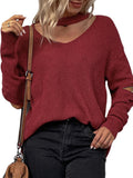 christmas outfit Amfeov Long Sleeves Loose Hollow Solid Color Zipper V-Neck Pullovers Sweater Tops