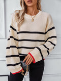 christmas outfit Amfeov Long Sleeves Loose Contrast Color Split-Joint Striped Round-Neck Pullovers Sweater Tops