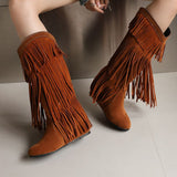 cold weather outfits Amfeov Women Mid Calf Boots Round Toe Increased Heel Fringe Flock Suede 46 47 48 Slip On Fashion Dating Bota