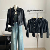 cold weather outfits Amfeov Temple Mannington Dark Pu Gold Buckle Black Leather Jacket Women's Casual Cool Motorcycle Cropped Leather Jacket Loose Fit Autum