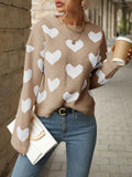 christmas outfit Amfeov Long Sleeves Loose Heart Print Jacquard Split-Joint Round-Neck Pullovers Sweater Tops