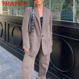 cold weather outfits Amfeov Woman Fashion 2024 Autumn Brown Office Lady Woman Suits Loose V Neck Blazer+High Waist Long Leg Pants Vintage Women Sets