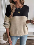 christmas outfit Amfeov Long Sleeves Loose Contrast Color Split-Joint Round-Neck Pullovers Sweater Tops