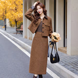 cold weather outfits Amfeov Fashionable Casual Suit Autumn/Winter New PU Leather Patchwork Tweed Style Down Jacket Half Skirt 2-Piece Set Skirt YJ6816