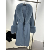 cold weather outfits Amfeov 2024 New Women's Leather Jacket With Fox Fur Collar Long Fashionable Elegant Waist-Fitted Sheepskin Overcoat For Autumn/Winter