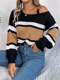 christmas outfit Amfeov Long Sleeves Loose Asymmetric Contrast Color Split-Joint Striped Cold Shoulder Sweater Tops