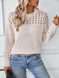 christmas outfit Amfeov Long Sleeves Loose Hollow Solid Color Split-Joint Round-Neck Pullovers Sweater Tops