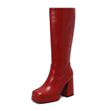 cold weather outfits Amfeov Women Knee High Boots Toe Block Heels 10cm Platform 2.5cm Big Size 43 Concise Female Bota