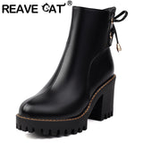 cold weather outfits Amfeov Classic Women Ankle Boots Round Toe Chunky Heels 8cm Platform 2.5cm Lace Up 42 43 Leisure Daily Bota