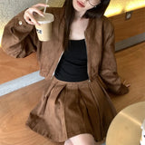 cold weather outfits Amfeov 2024 Autumn New Sensibility Maillard Brown Vintage Leather Jacket With Pleated Skirt Set Women Fashion Dress Set