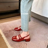 Amfeov Classic Red Mary Jeans Woman Patent Leather Med-High Heels Sandals Two Buckle Belt Strap Shoes Femme Slingback Lolita Footwear