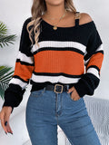 christmas outfit Amfeov Long Sleeves Loose Asymmetric Contrast Color Split-Joint Striped Cold Shoulder Sweater Tops