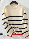 christmas outfit Amfeov Long Sleeves Loose Contrast Color Split-Joint Striped Round-Neck Pullovers Sweater Tops