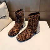 Amfeov 2024Zippers Fashion Pointed Toe Women Ankle Boots With Low Heel Shoes Female Leopard Print Footwear Ladies Stretch Modern Boots