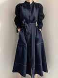 Amfeov Stand Collar Single Loose Tie Trench Dress